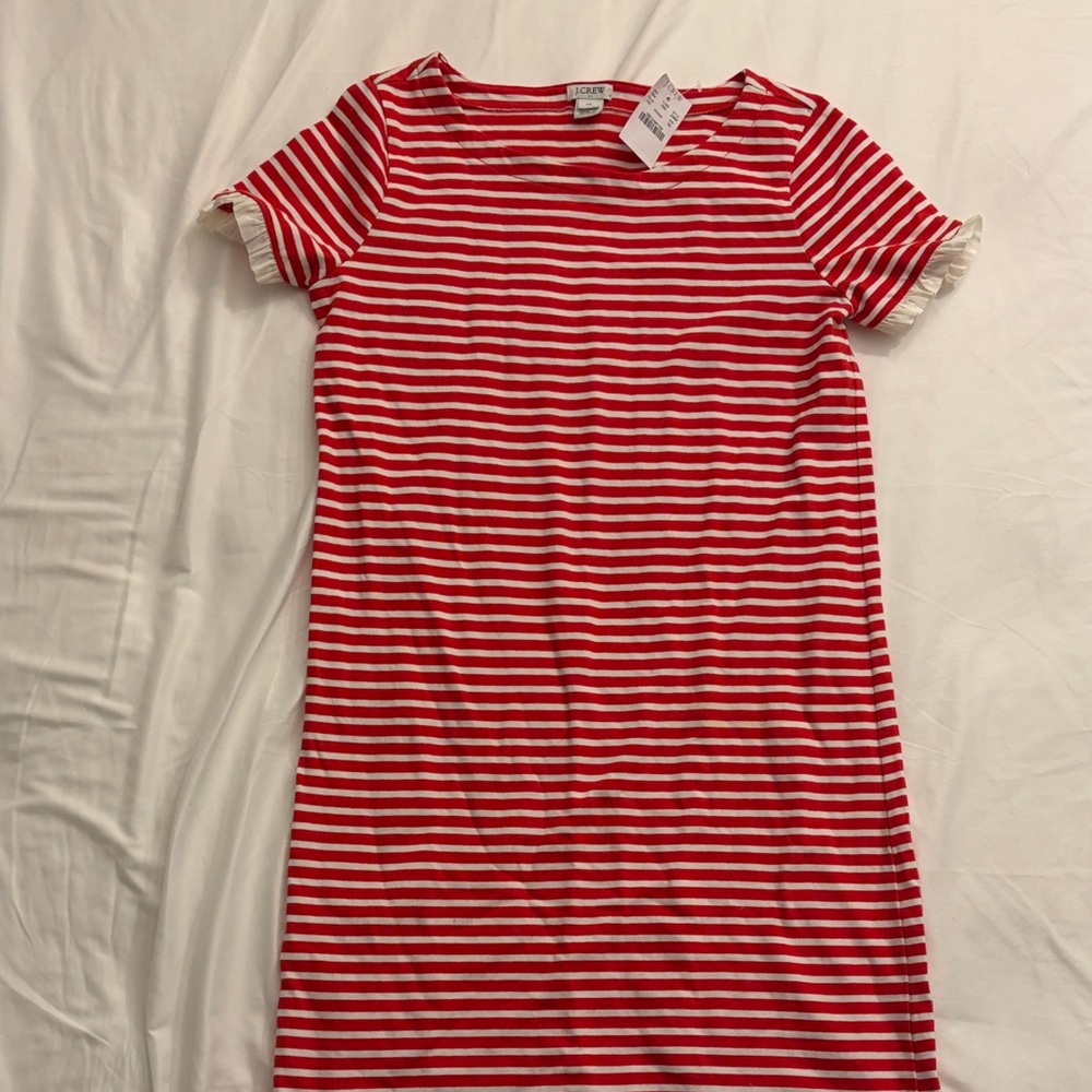 J. Crew Red and White Striped Short-Sleeve Mini Dress